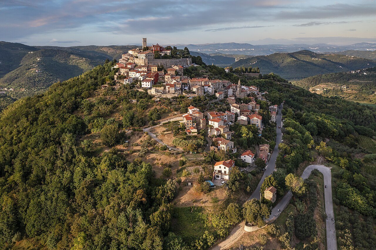 Motovun above the Istrian hills, in evening light.