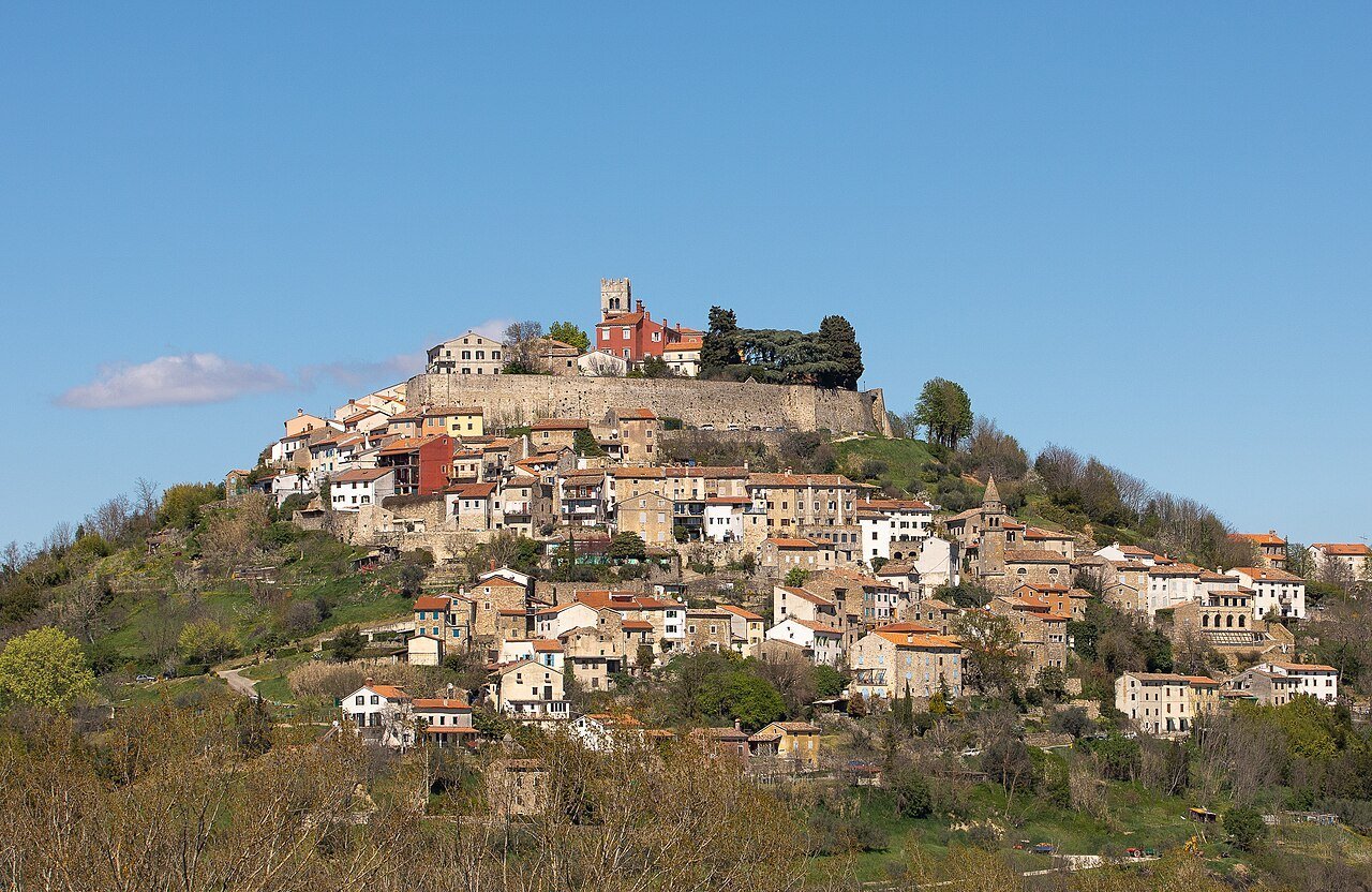 The hill town of Motovun and its surrounding landscape.